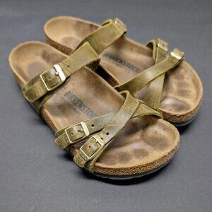 BIRKENSTOCK “Franca” 38 / 7.5 Jade Green Oiled Leather Sandals Distressed Buckle